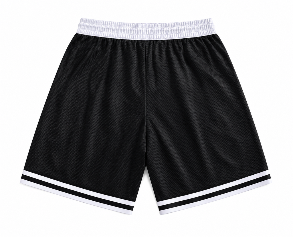 Black shorts with white and black trim on a white background