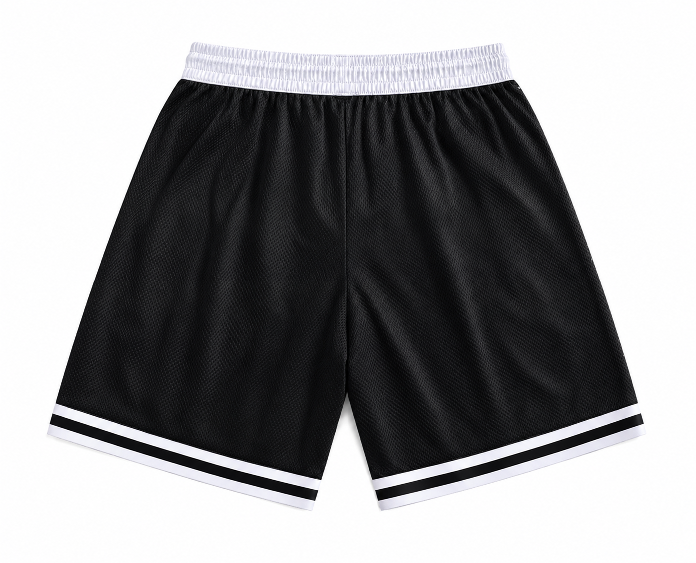 Black shorts with white and black trim on a white background