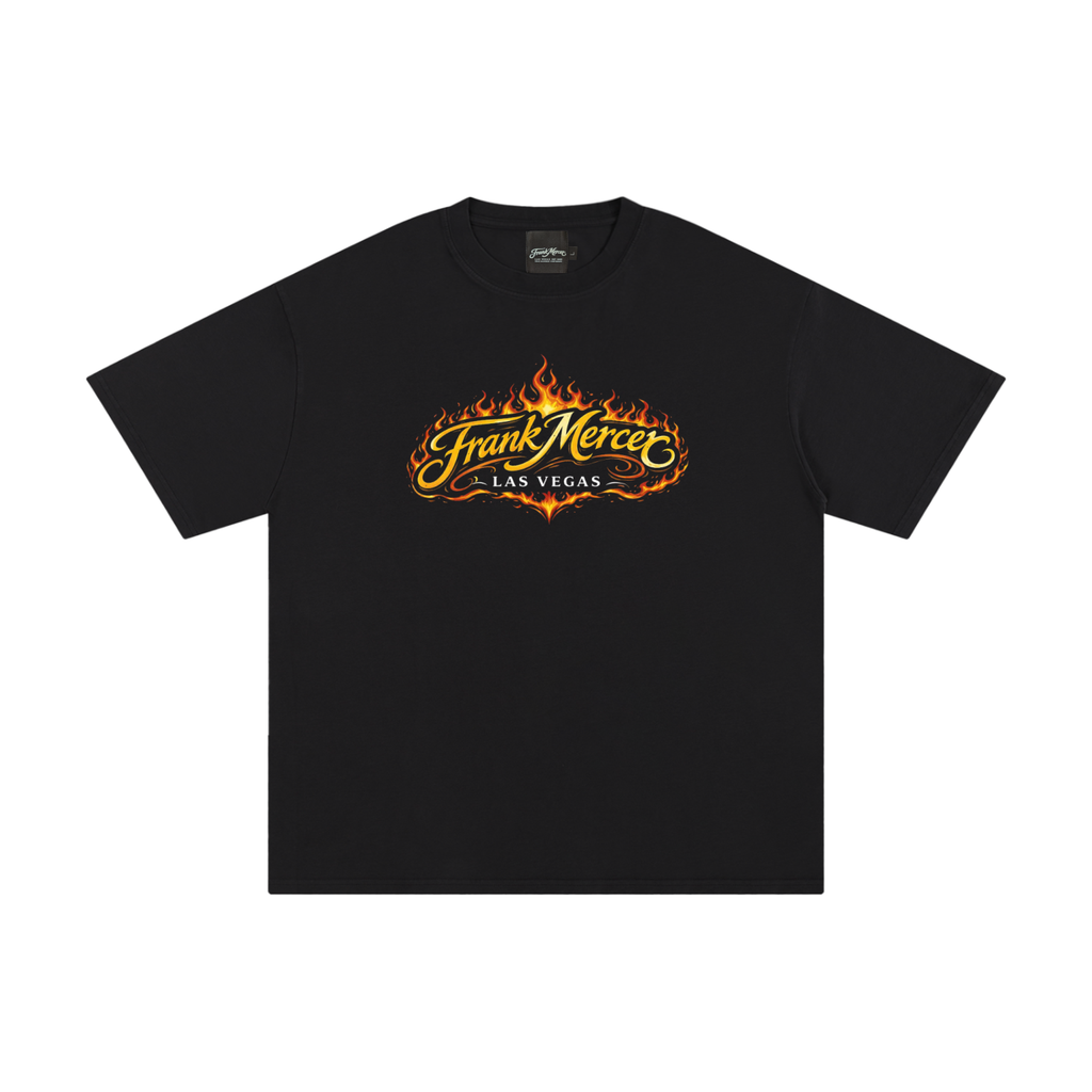 Black t-shirt with 'Frank Mercer' logo on a white background