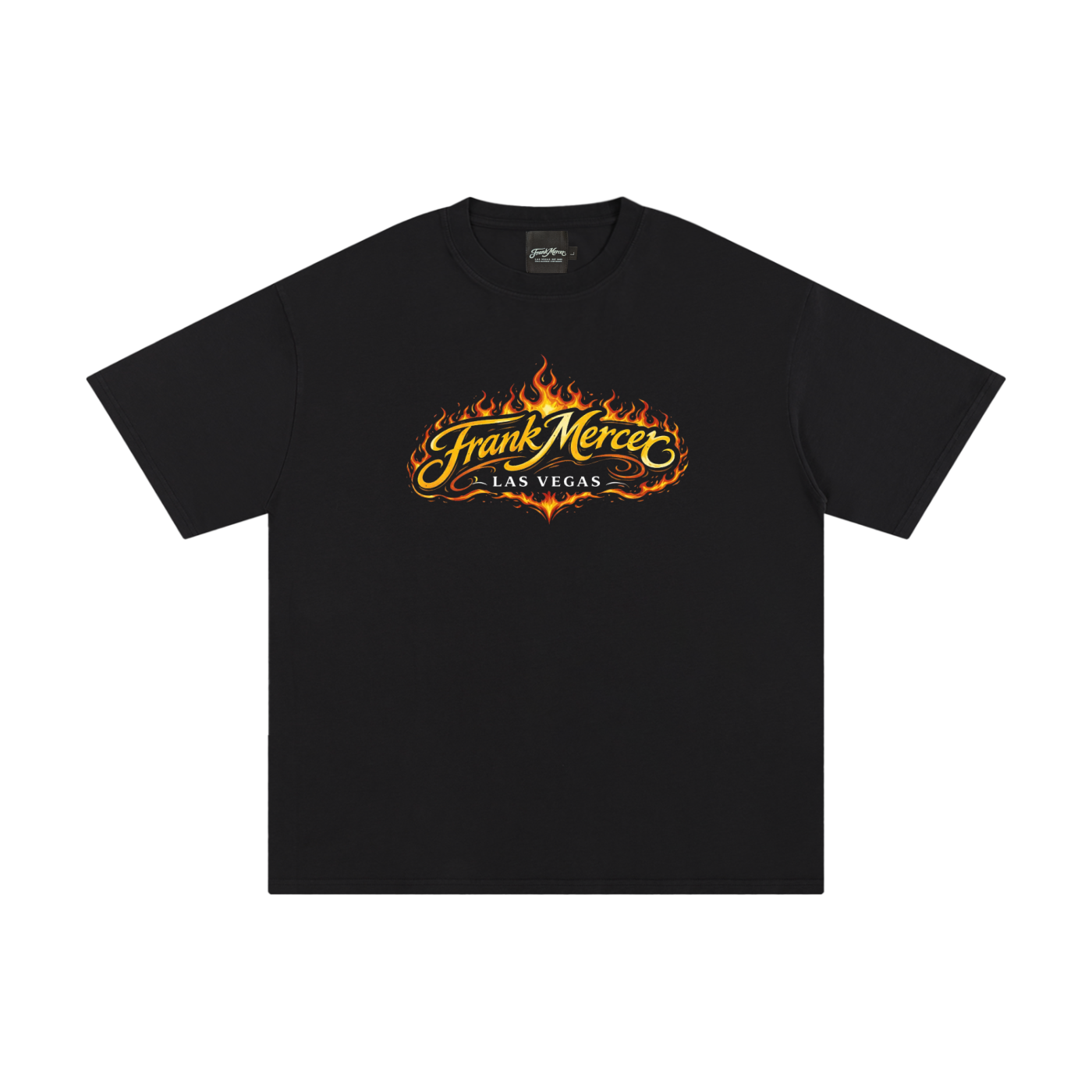 Black t-shirt with 'Frank Mercer' logo on a white background