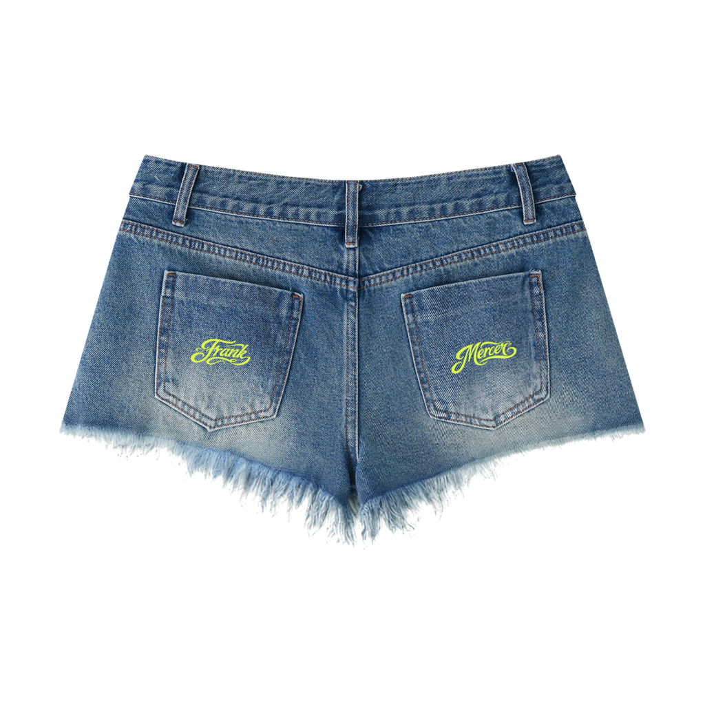 Back view of a pair of denim shorts on a white background