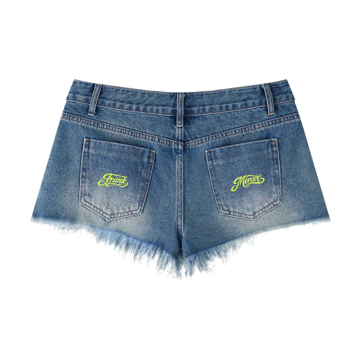 Back view of a pair of denim shorts on a white background