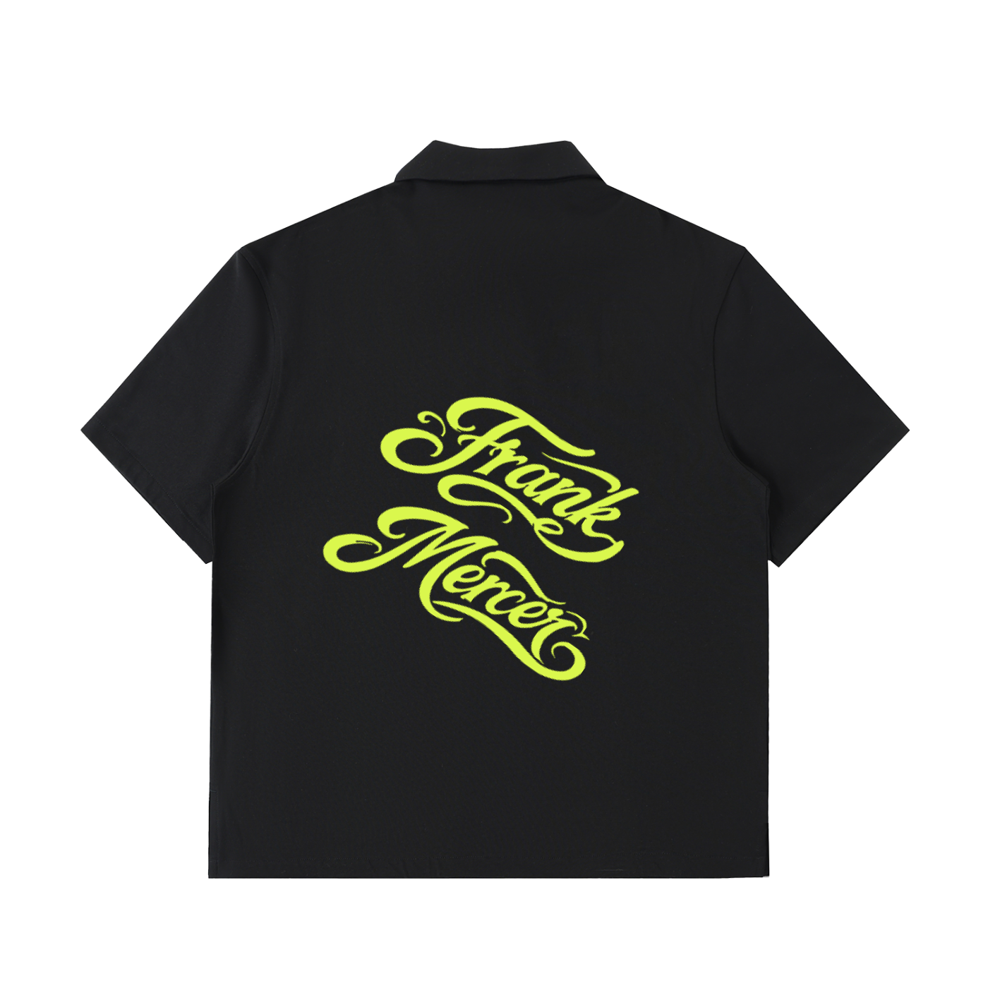 Black shirt with 'Frank Mercer' text in yellow on a white background Reptile clothing line